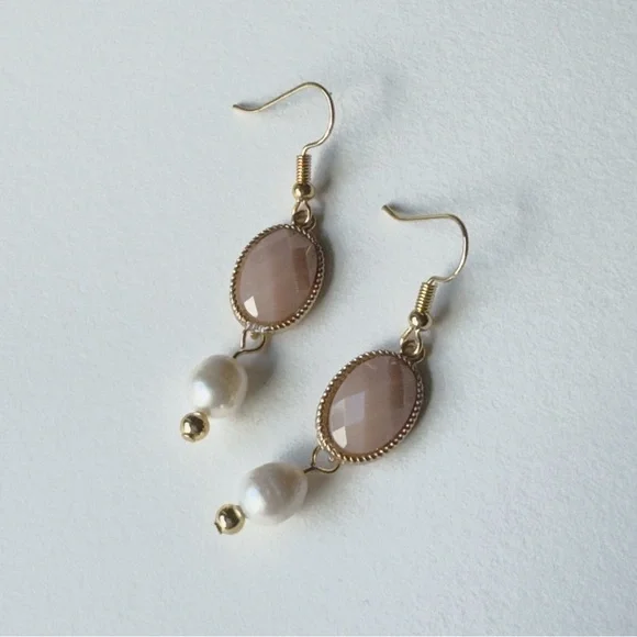 Blush Bead & Pearl Drop Earrings | Upcycled | Gold Stainless Steel Hooks - Picture 5 of 10